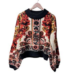 Farm Rio Black Bold Colorful Flower Embroidered Sweater Mock Pullover Knit Large